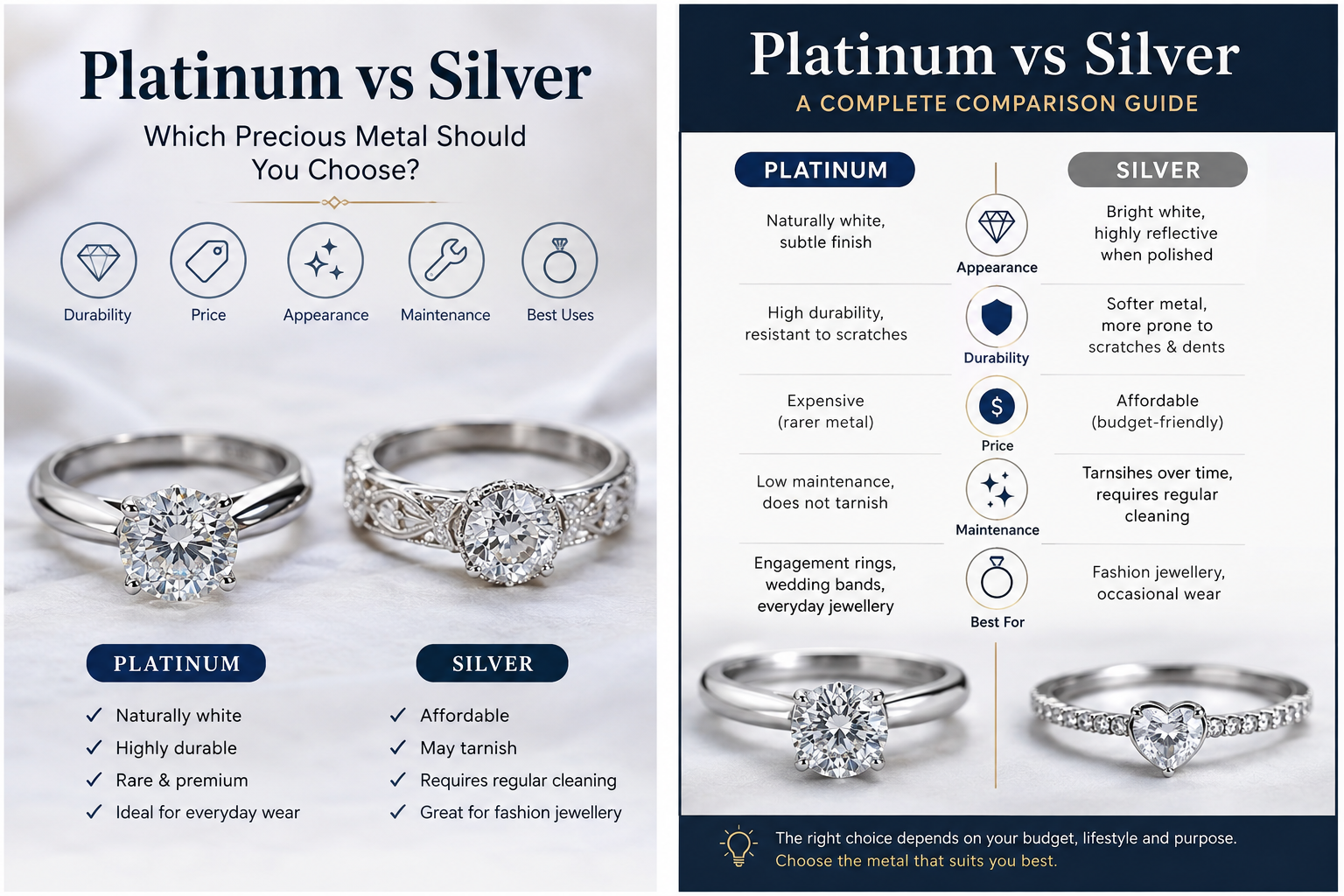Platinum vs Silver: Which is the best Platinum vs silver comparison showing jewellery rings, with differences in durability, price, appearance, maintenance, and affordability.